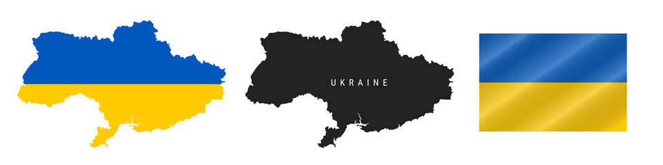 Ukraine. Detailed flag map. Detailed silhouette. Waving flag. Vector illustration