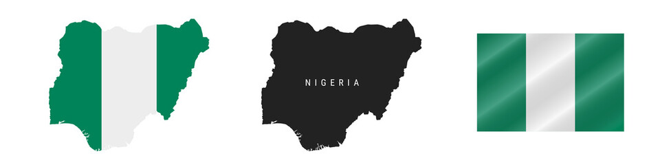 Nigeria. Detailed flag map. Detailed silhouette. Waving flag. Vector illustration