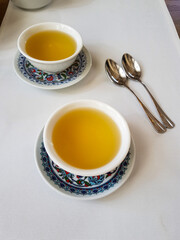 Two tea bowls in a restaurant