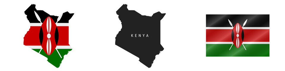 Kenya. Detailed flag map. Detailed silhouette. Waving flag. Vector illustration