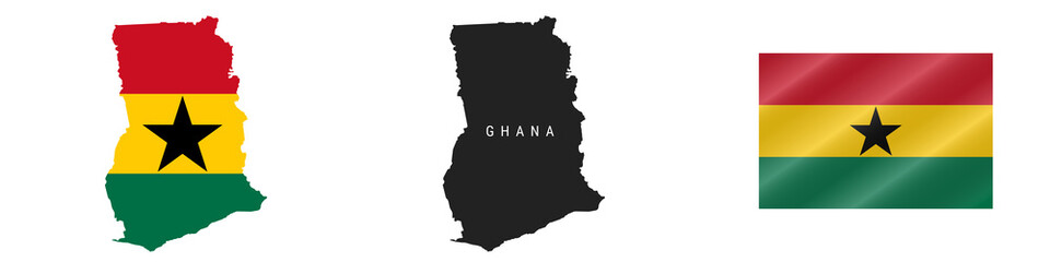 Ghana. Detailed flag map. Detailed silhouette. Waving flag. Vector illustration
