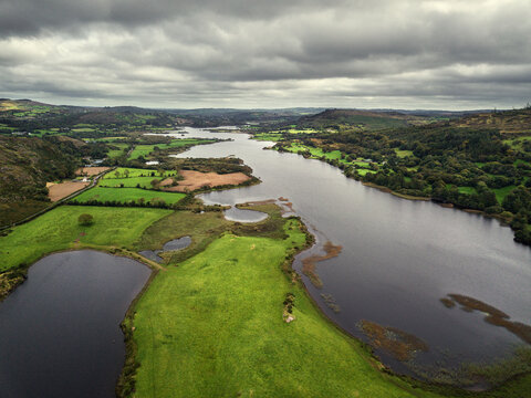 Panoramic view of lake Allua. Panoramic aerial view of lake Allua in Ireland. Lovely Irish surroundings at county Cork.