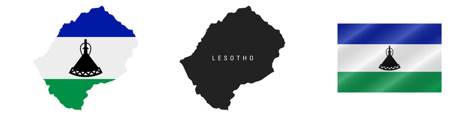 Lesotho. Detailed flag map. Detailed silhouette. Waving flag. Vector illustration