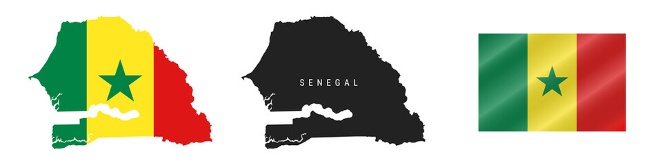 Senegal. Detailed flag map. Detailed silhouette. Waving flag. Vector illustration