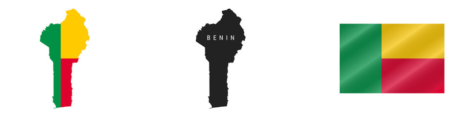 Benin. Detailed flag map. Detailed silhouette. Waving flag. Vector illustration