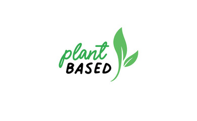 Fototapeta premium Plant based hand made text, hand drawn lettering style with leaves. Vegan and vegetarian food design concept. Veggie nutrition.
