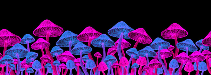 Bright toadstool fluorescent seamless border. Poisonous mushroom illustration for hippie trippy concept. Fancy print design for postcard, frame, washi tape, paper adhesive tape, ribbon