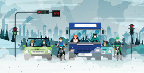 Cars emit smoke pollution waiting for traffic lights in the city.
