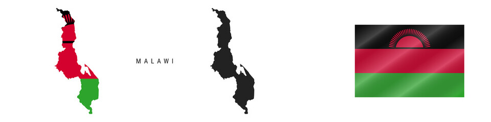 Malawi. Detailed flag map. Detailed silhouette. Waving flag. Vector illustration