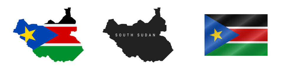 South Sudan. Detailed flag map. Detailed silhouette. Waving flag. Vector illustration