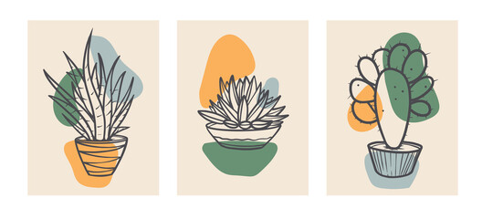 Contemporary hand drawn vector illustrations. Continuous line, minimalist botanical templates.