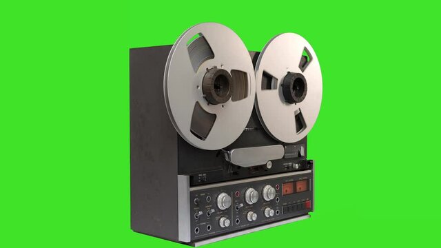 4K: Reel to Reel Tape Recorder in front of Green Screen Chroma Key - Vintage retro Audio Machine. Side view. Stock Video Clip Footage
