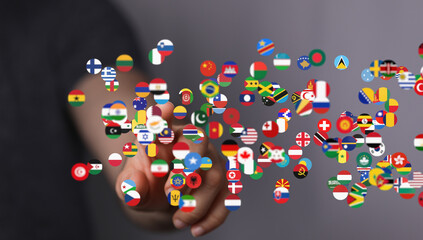 Global communication and international messaging concept, national flags of world