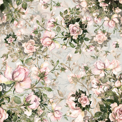 Watercolor seamless pattern bouquet of roses in bud 