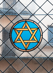 Jewish six pointed star. Magen Dawid. Stained glass with jewish symbols (562) - obrazy, fototapety, plakaty