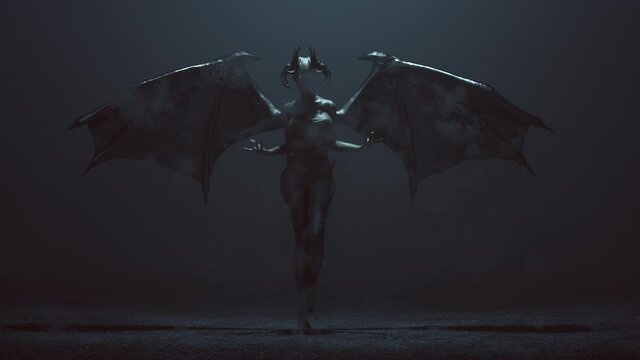 Sexy Winged Devil Woman in a foggy void 3d Illustration animation