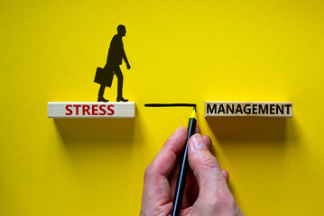 Stress management symbol. Wooden blocks with words 'Stress management'. Yellow background. Businessman hand, businessman icon. Psychological, business and stress management concept. Copy space. - obrazy, fototapety, plakaty