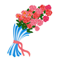 Beautiful flower bouquet from red roses adorned with cellophane foil and a red ribbon. Vector illustration isolated on white background.