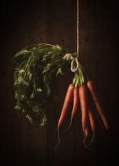 Carrots hanging by a thread on black background, moody style, concept of organic nature and envyronment