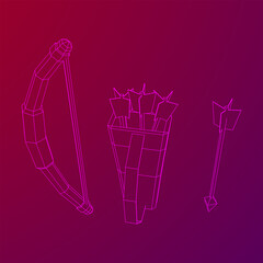 Medieval Bow and arrow archer weapon. Wireframe low poly mesh