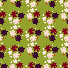 Vintage seamless pattern with red, white and purple flower elements print. Green pastel background.