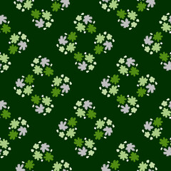 Bloom seamless pattern with hand drawn flowers bud elements. Green background. Blossom backdrop.