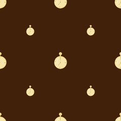 Seamless pattern with minimalistic style orange colored timer watch silhouettes print. Brown background.