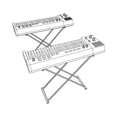 Piano roll analog synthesizer faders buttons knobs. Wireframe low poly mesh