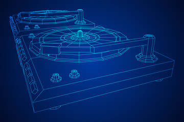 Vinyl turntable audio device. Wireframe low poly mesh