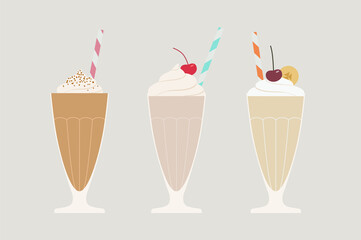 Set of flat illustrations with healthy sweet milkshakes, refreshing bevereges with chocolate, cream, pistachio, vanilla and whipping cream, cherry, banana, chocolate chip, cocktail straw on the top