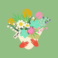 Spring bouquet for Women's Day, March 8, Birthday. Beautiful flowers tulip, forget-me-not, lily of the valley, fern for printing on decorative pillows, dishes, women's clothing. Vector graphics.