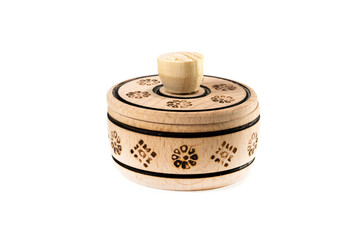 Small wooden barrel-shaped container with open lid on white background