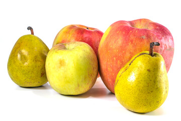 pears and apples on a white background. food concept. close-up