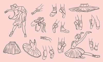 Fototapeta na wymiar Vector ballet set. Ballerina and pointe shoes. Ballerina feet in ballet shoes. Tutus and ballet dresses. Arms.