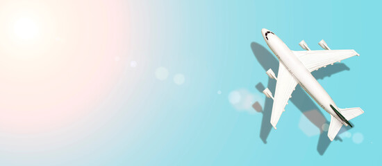 Airplane on a colored blank banner background. Vacation, flying and tourism background minimal concept.