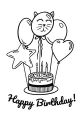 Happy Birthday card with cake and candles, with balloons of different shapes. Vector line graphic illustration on white background for greeting card design.