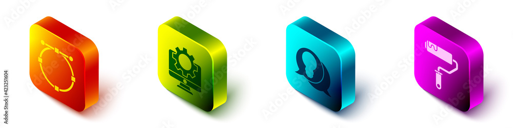 Poster set isometric circle with bezier curve, computer monitor and gear, light bulb with concept of idea a