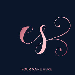 ES monogram logo.Typographic signature icon.Pink color letter e and letter s.Lettering sign isolated on dark fund.Alphabet initials.Lowercase character shapes.Beauty, elegant swirl style.