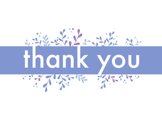Thank you card on a white background.
White card in purple tones with leaves. Thank you. Strict font.