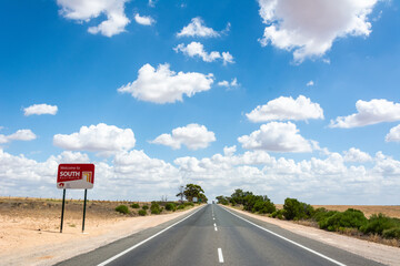 Welcome to South Australia sign along Sturt Highway A20 in Australia.