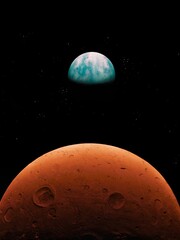 Beautiful space landscape. Planets in deep space. Surface of the red planet. 