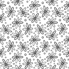 Black contour linear ink chamomile flowers isolated on white background. Cute monochrome floral seamless pattern. Vector simple flat graphic hand drawn illustration. Texture.