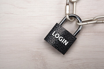 padlock with network login with a steel chain closeup top view