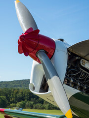 Two-bladed propeller with red hub of a sport and aerobatic plane