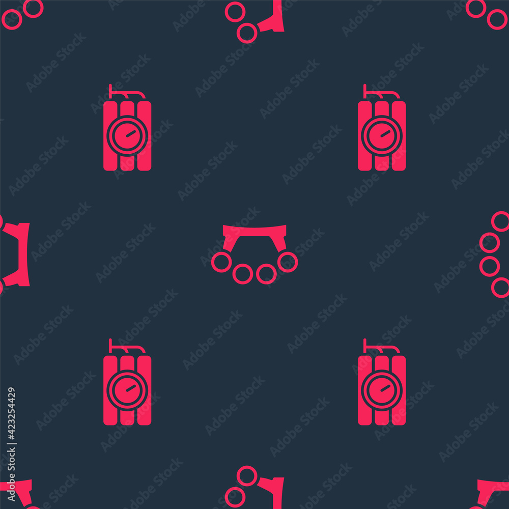 Poster set dynamite and timer clock and brass knuckles on seamless pattern. vector