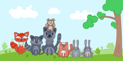 Vector illustration with cute forest animals in a children's style. A set of mammals in the forest. Collection in the children's style.