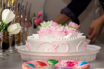 festive table with champagne and cake