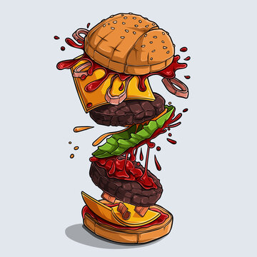 Big tasty and delicious hamburger with flying ingredients, Explosive burger