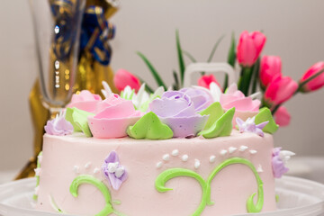 Fototapeta na wymiar Beautiful and delicious birthday cake on a table
