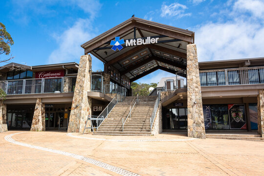 Mt Buller, Victoria, Australia &ndash; March 23, 2017. Modern building in Village Square in Mt Buller, VIC, hosting commercial properties and access to the Blue Bullet quad chairlift.